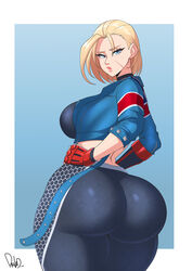 1girls ass ass_focus blonde_hair blue_eyes breasts cammy_white female female_only fully_clothed high_resolution large_ass large_breasts looking_at_viewer looking_back parvad scar solo street_fighter thighs very_high_resolution rating:Questionable score:68 user:MegaPint