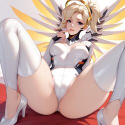  ai_generated angel angel_wings angela_ziegler blizzard_entertainment blonde_hair blue_eyes dearmatda high_heels latex mercy overwatch overwatch_2 spread_legs spreading stable_diffusion thighhighs white_heels white_latex wings  rating:explicit score: user:dearmatda