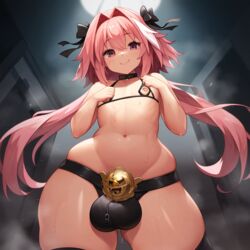 ai_generated astolfo_(fate) bulge chastity_cage chastity_device fate_(series) femboy novelai smile sustaco testicles wide_hips rating:Explicit score:41 user:Sustaco