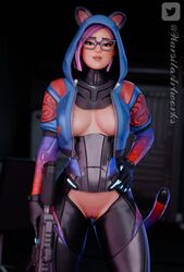  fortnite fortnite:_battle_royale green_eyes holding_weapon lynx_(fortnite) pink_hair pussy_hair standing warsitoarts  rating:explicit score: user:warsitopaii