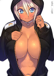 1girls abs blue_eyes blush breasts cleavage dark-skinned_female dark_skin female hoodie large_breasts looking_at_viewer muscular_female navel no_bra original sela_(sela_god) sela_god short_hair solo sweatdrop unzipped wedding_ring rating:Questionable score:152 user:chooped