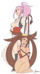 2girls baiken barefoot breasts brown_eyes chains cleavage clothed_female_nude_female detached_sleeves eye_scar guilty_gear guilty_gear_xrd hair_ornament japanese_clothes kneeling kuradoberi_jam long_hair multiple_girls nipples nude obi open_mouth pink_hair red_eyes restrained scar simple_background standing svenners toeless_legwear white_background wide_hips yuri rating:Explicit score:57 user:Shaded_Cube