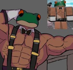  1boy bara bowtie frog frog_humanoid hybrid male male_only muscular r31ko. roblox roblox_avatar robloxian source_request tagme  rating:questionable score: user:rtsbigass