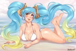 beach big_breasts bikini breasts cleavage feet female female_only large_breasts league_of_legends looking_at_viewer nail_polish painted_nails soles solo sona_buvelle toes velvetqueenh rating:Questionable score:65 user:justausername