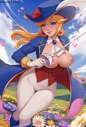 1girls 2d blonde_hair blue_boots blue_coat blue_eyes blue_hat blue_sky blush boots breasts cloud curvaceous curvy day earrings exlic facing_viewer falling_petals feet_out_of_frame female female_only flower_field gloves hat holding_sword hourglass_figure human human_only humanoid legs_together light-skinned_female light_skin looking_at_viewer mario_(series) medium nipples no_bra not_furry nsfw open_jacket outdoor_nudity outdoors pale-skinned_female pale_skin parted_lips pink_nipples princess_peach princess_peach:_showtime! smile solo sphere_earrings swordfighter_peach thigh_gap white_gloves rating:Explicit score:62 user:z3ld00d