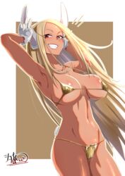 :d absurdres alternate_hair_color animal_ears armpits arms_up bikini boku_no_hero_academia border breasts collarbone covered_nipples dark-skinned_female dark_skin female gloves gold_bikini highres large_breasts linea_alba long_eyelashes long_hair looking_at_viewer micro_bikini miruko my_hero_academia navel parted_bangs rabbit_ears rabbit_girl rabbit_tail red_eyes rumi_usagiyama signature skindentation smile solo stomach swimsuit tail thighs toned_female ushio_shinshia v very_long_hair white_border white_gloves white_hair rating:Explicit score:48 user:Lovehunter89