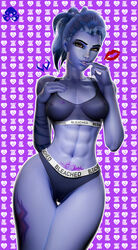 3d abs amelie_lacroix athletic_female bleached bleached_clothing blizzard_entertainment blue_hair blue_skin bra breasts clothed female female_focus female_only gladionanimated lips lipstick_mark looking_at_viewer mole overwatch overwatch_2 ponytail posing queen_of_hearts solo solo_female standing tattoo tattoo_on_legs tattooed_arm teeth transparent_clothing wide_hips widowmaker yellow_eyes rating:Explicit score:92 user:Loop722