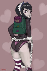 1girls aka6 annie_hastur ass backpack black_and_pink_panties black_hair black_panties clothing dress_lift eyeshadow female goth goth_annie league_of_legends lipstick maid maid_headdress makeup panties picot_trim picot_trim_panties purple_eyes short_hair skirt skirt_lift smile socks thighhighs rating:Questionable score:219 user:HanJuri90