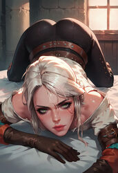 ai_generated ass ass_up bed bedroom big_ass ciri clothing decademix female green_eyes light-skinned_female looking_at_viewer mascara scar solo the_witcher_(series) the_witcher_3:_wild_hunt white_hair rating:Explicit score:22 user:Kelpie_AI