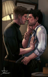  2boys actor almost_kissing angel artist_name artist_signature bara castiel castiel_(supernatural) celebrity clothed clothed_male clothing dean_winchester depairt duo fbi_agent gay gun human in_character jensen_ackles lamp looking_at_another looking_at_partner male male/male male_only misha_collins night pants shirt standing standing_position supernatural_(series) table yaoi  rating:questionable score: user:priape