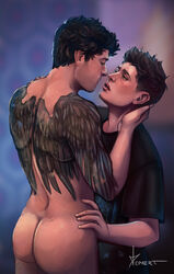  2boys actor almost_kissing angel artist_name artist_signature ass back_tattoo bara black_hair brown_hair castiel castiel_(supernatural) celebrity completely_nude dark_hair dean_winchester depairt duo gay holding_partner human in_character jensen_ackles light-skinned_male light_skin looking_at_another looking_at_partner male male/male male_only misha_collins naked naked_male nude nude_male supernatural_(series) t-shirt tattoo wings_tattoo yaoi  rating:explicit score: user:priape