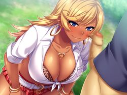 angelo_(gomahangetsu) bangle belt bikini_top blonde_hair blue_eyes blush bottomless bra_cups_sticking_out bracelet breasts censored cleavage collarbone dark_skin earrings erection female front-tie_top game_cg grass gyaru heart_necklace highres hoop_earrings huge_breasts jk_bitch_sannin_musume! kneeling kuro_gyaru legs leopard_print long_hair looking_at_another midriff miniskirt mosaic_censoring necklace outdoors penis plaid plaid_skirt sasamori_anna school_uniform shirt skirt smile solo_focus standing sweat swept_bangs thighs tied_shirt whooosaku rating:Explicit score:105 user:bot