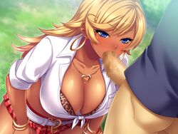 :>= angelo_(gomahangetsu) bangle bikini_top blonde_hair blue_eyes blush bottomless bra_cups_sticking_out bracelet breasts censored cleavage collarbone dark_skin earrings erection fellatio female front-tie_top game_cg grass gyaru heart_necklace highres hoop_earrings huge_breasts jk_bitch_sannin_musume! kneeling kuro_gyaru legs leopard_print long_hair looking_at_another midriff miniskirt mosaic_censoring necklace oral outdoors penis plaid plaid_skirt sasamori_anna school_uniform shirt skirt solo_focus standing sweat swept_bangs thighs tied_shirt whooosaku rating:Explicit score:108 user:bot