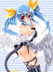 1girls ass asymmetrical_wings blue_hair blush bow breasts chikkuru dizzy_(guilty_gear) female guilty_gear hairbow large_breasts no_panties red_eyes ribbon sideboob solo tail tail_ribbon thighhighs tickled_pink tied_hair twintails wings rating:Questionable score:1 user:bot