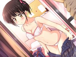 blush bra dutch_angle female game_cg indoors lingerie male_hand panties peeping plaid racer_(magnet) school_uniform underwear undressing unseen_male_face voyeurism window yellow_eyes rating:Questionable score:41 user:Miss_Vulf