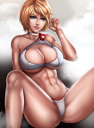 1female abs artist_logo athletic athletic_female big_boobs big_breasts blonde_hair blue_eyes breasts cleavage dc female female_only flowerxl large_breasts light-skinned_female looking_at_viewer muscles muscular_female panties pinup power_girl red_lipstick short_hair sitting solo spread_legs superman_(series) thick_thighs toned_female white_bikini rating:Questionable score:148 user:justausername