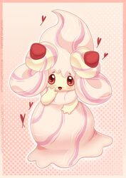  alcremie alcremie_(strawberry_sweet) alcremie_(vanilla_cream) border brown_eyes food fruit gradient_border heart highres looking_at_viewer no_humans open_mouth pink_background pink_border pokemon pokemon_(creature) polka_dot polka_dot_background smile solo standing strawberry takoto watermark web_address  rating:safe score: user:bot