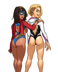 2girls ass_focus bleepideeboop blonde_hair blue_eyes bracelets brown_eyes brown_hair brown_skin dark-skinned_female ear_piercing exposed_ass exposed_breasts eyebrow_piercing eyemask female female_only fully_clothed gwen_stacy kamala_khan light-skinned_female long_hair looking_at_viewer looking_back marvel marvel_comics modified_costume ms._marvel revealing_clothes scarf short_hair sideboob skimpy_clothes slutty_outfit spider-gwen white_background rating:Questionable score:123 user:creamdood