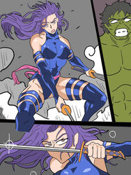 big_breasts brown_eyes female fighting_stance green_skin holding_weapon hulk hulk_(series) katana leather_clothing long_hair male marvel marvel_comics mr.z psylocke purple_hair shiny smoke x-men rating:Explicit score:17 user:Dan.0