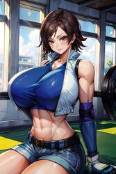 abs ai_generated belt big_breasts blush breasts brown_eyes brown_hair collarbone cropped_jacket elbow_gloves gym hand_on_floor hands_on_floor huge_breasts kazama_asuka large_breasts looking_at_viewer namco navel short_hair short_shorts sitting smile stable_diffusion t-shirt tampopo tekken tired toned toned_female window rating:Questionable score:52 user:Tampopo