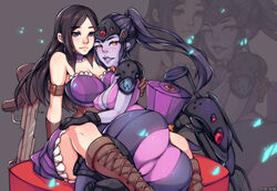 2girls 5-ish ass big_ass blizzard_entertainment bodysuit boots breasts caitlyn_kiramman cleavage covered_breasts crossover dat_ass elbow_gloves female female_only fiveish gauntlets gloves groin gun hips huge_ass jeanne_tan large_ass large_breasts league_of_legends legs lips long_hair multiple_girls overwatch pale_skin ponytail purple_eyes purple_hair purple_lips purple_skin rifle shoes skirt sniper_rifle thighs tied_hair unzipped weapon widowmaker yuri rating:Explicit score:75 user:Bart