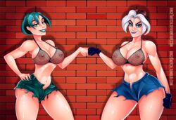 2girls ange1witch anna_marie aqua_eyes aqua_hair aqua_nails areola athletic athletic_female big_breasts black_hair blue_eyes breasts brick_wall brown_hair busty cleavage crossover cutoffs eyeshadow fishnet_bikini fishnet_top fishnets fist_bump fit fit_female gloves goth goth_girl green_eyes gwen_(tdi) hand_on_hip hourglass_figure jean_shorts lipstick looking_at_viewer makeup marvel multicolored_hair multiple_girls mutant nail_polish navel nipples open_fly partial_nudity partially_nude rogue_(evolution) rogue_(x-men) see-through short_hair short_shorts shorts smile superhero superheroine thick_thighs thighs total_drama_island two_tone_hair voluptuous white_hair white_streak x-men x-men_evolution rating:Explicit score:172 user:Shaded_Cube