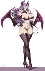 breasts costume female full-length_portrait full_length high_heels horns huge_breasts jeane portrait purple_hair solo standing stockings succubus suikoden wings zetarok rating:Explicit score:110 user:punkmaster