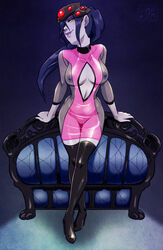 blue_hair blue_skin breasts dress female large_breasts my_pet_tentacle_monster nipples overwatch ponytail see-through solo tied_hair widowmaker rating:Questionable score:93 user:chooped