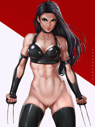 abs archway_of_venus areolae artist_name belly belt black_choker black_gloves black_hair black_pants breasts choker claws cleavage clenched_hands closed_mouth collarbone covered_breasts cowboy_shot crop_top dandon_fuga elbow_gloves eyebrows female female_only fingerless_gloves gloves green_eyes high_resolution large_breasts laura_kinney legwear long_hair looking_at_viewer marvel marvel_comics medium_breasts midriff muscle muscular_female navel nipples pants pussy red_lips skin_tight sleeveless solo standing stomach tagme thick_eyebrows toned two_side_up vagina very_high_resolution weapon x-23 x-men rating:Explicit score:89 user:Bart