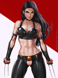 abs archway_of_venus areolae artist_name belly belt black_choker black_gloves black_hair black_pants breasts choker claws cleavage clenched_hands closed_mouth collarbone covered_breasts cowboy_shot crop_top dandon_fuga elbow_gloves eyebrows female female_only fingerless_gloves gloves green_eyes high_resolution large_breasts laura_kinney long_hair looking_at_viewer marvel marvel_comics medium_breasts midriff muscle muscular_female navel nipples pants pussy red_lips skin_tight sleeveless solo standing stomach tagme thick_eyebrows toned torn_clothes two_side_up vagina very_high_resolution weapon x-23 x-men rating:Explicit score:93 user:Bart