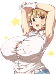 1girls armpits arms_behind_head arms_up blouse blush bob_cut breasts brown_eyes brown_hair chubby female female_only gesture gloves huge_breasts medium_hair moisture_(chichi) narusawa_ryouka nipples nipples_visible_through_clothing occultic;nine open_mouth puffy_nipples shirt short_hair simple_background smile solo v rating:Questionable score:101 user:sandorbendeguz