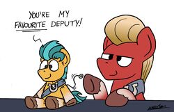  badge bobthedalek dialogue english_text equid equine hasbro hi_res hitch_trailblazer_(mlp) hooves horse male mammal mlp_g5 my_little_pony pony pull_string sash solo sprout_cloverleaf_(mlp) string text toy underline  rating:safe score: user:bot