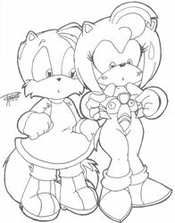 2001 amy_rose anthro breasts clothed_male_nude_female clothes_swap clothing clothing_swap cmnf cosplay dress drs female fox front_view fur furry furry_only hedgehog interspecies male monochrome necktie nude sega short_hair sonic_(series) standing straight_hair tails rating:Explicit score:2 user:bot