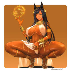 animal_ears anubis black_hair breasts cleavage dark-skinned_female dark_skin egyptian erect_nipples female large_breasts long_hair nonsummerjack_(artist) panties solo squatting rating:Questionable score:238 user:chooped