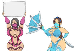 2d 2girls alien alien_girl armlet bare_shoulder big_breasts black_hair blue_legwear breasts busty cleavage cleavage_cutout curvy ear_piercing earrings fatfoxlower female female_only holding_sign kitana long_hair mask midriff mileena mortal_kombat mortal_kombat_(2011) multiple_females multiple_girls ninja piercing tiara voluptuous weapon wide_hips rating:Questionable score:86 user:Havoc100