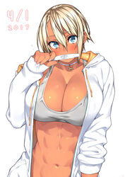 2017 abs april_fools blonde_hair blue_eyes blush breasts cleavage clothing dark-skinned_female dark_skin female hoodie jacket large_breasts muscular_female open_clothes open_hoodie open_jacket original pregnancy_test sela_(sela_god) sela_god short_hair solo sports_bra sweatdrop rating:Questionable score:127 user:chooped