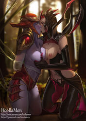 2girls areolae armor bdsm belly blush bondage breasts elbow_gloves elise_kythera_zaavan female female_only functionally_nude gauntlets gloves helmet high_resolution hips hoobamon horns kissing kneeling large_breasts league_of_legends legs long_hair multiple_girls navel nipples purple_hair purple_skin questionable_consent restrained shyvana sideboob thighs yuri rating:Questionable score:293 user:justausername