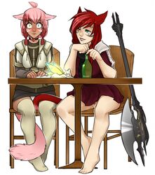 2girls blush clothed ears_down embarrassed eos_(ffxiv) fairy final_fantasy final_fantasy_xiv miqo'te multiple_girls sabrith_ebonclaw shysiren tayelle_ebonclaw under_the_table yuri rating:Explicit score:92 user:Sharktopus7