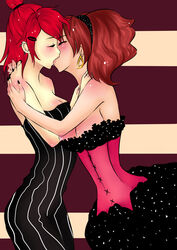 2girls bare_shoulders black_dress black_hairband black_nails blush breasts brown_hair cartoon_network cleavage closed_eyes couple dress earrings everbluefae female female_only foster's_home_for_imaginary_friends frankie_foster goof_troop hairband hug jewelry kissing large_breasts medium_breasts multiple_girls mutual_yuri nail_polish neck passionate peg_pete piercing pink_dress red_hair romantic short_hair standing strapless strapless_dress striped striped_background striped_dress yuri rating:Questionable score:59 user:Mikaho