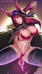 animal_ears badcompzero big_breasts breasts feathers female hips league_of_legends looking_at_viewer red_hair smile thighs xayah yellow_eyes rating:Explicit score:142 user:westlander