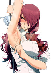 arm_up armpit armpit_fetish armpits big_breasts big_nipples blush bow color embarrassed eyes_half_open highres ishii_takamori long_hair mitsuru_kirijo nipple_bulge persona persona_3 pulling_shirt rapier red_bow red_eyes red_hair see-through_clothing steam sweat sweatdrop sword white_shirt rating:Explicit score:330 user:Hantise