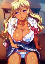 1girls baka_dakedo_chinchin_shaburu_no_dake_wa_jouzu_na_chii-chan bangs blonde_hair blush cameltoe cleavage dark-skinned_female dark_skin female female_only game_cg ganguro gyaru hamashima_shigeo long_hair looking_at_viewer one_breast_out panties parted_lips purple_eyes shiina_chieri shiny shiny_skin skirt skirt_lift solo sweat undressing rating:Explicit score:160 user:chorty