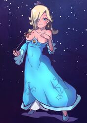 areolae bare_shoulders blonde_hair blue_eyes breasts dress female hair_over_one_eye hkltr looking_at_viewer mario_(series) nintendo nipples princess_rosalina solo super_mario_galaxy wand rating:Explicit score:33 user:bot