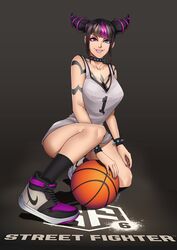 anklehighs basketball basketball_(ball) basketball_uniform black_hair black_socks blue_eyes breasts crew_socks female female_only heterochromia juri_han large_breasts looking_at_viewer purple_eyes smile smiling socks solo solo_female street_fighter street_fighter_6 tattoo tattoos thotlerrr treartz rating:Questionable score:36 user:Monbo