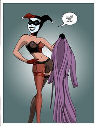 1girls batman:_the_animated_series batman_(series) breasts comic dc_comics dcau dialogue female female_only fool_me_once great_scott harley_quinn harley_quinn_(classic) lingerie nipples see-through_clothing sharpie_(artist) solo speech_bubble stockings the_new_batman_adventures visible_nipples rating:Explicit score:51 user:bot