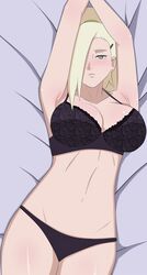 agung911 alternate_version_at_source armpits arms_behind_head arms_up bed black_lingerie blonde_hair blue_eyes blush boruto:_naruto_next_generations breasts cleavage clothing cowboy_shot cropped female female_only hair_over_one_eye high_ponytail high_resolution ino_yamanaka large_breasts light_blush lingerie long_hair looking_at_viewer lying lying_on_bed milf naruto naruto_(series) no_watermark on_bed one_eye_covered paid_reward patreon_reward platinum_blonde_hair ponytail presenting_armpit seductive_look smaller_version_at_source smooth_armpits solo third-party_edit tied_hair very_high_resolution very_long_hair rating:Questionable score:84 user:Dekorin