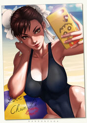 absurdres beach beach_ball brown_eyes brown_hair bun_cover capcom character_name chun-li cleavage clouds curvy dandon_fuga double_bun earrings female female_only hair_bun highleg highleg_swimsuit highres huge_breasts kiss_mark large_breasts one-piece_swimsuit outdoors selfie smartphone smile solo street_fighter sweat swimsuit text toned rating:Explicit score:96 user:dandondumpfub