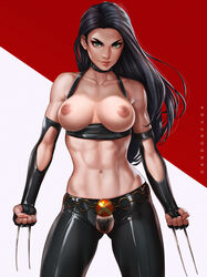 abs archway_of_venus areolae artist_name belly belt black_choker black_gloves black_hair black_pants breasts choker claws cleavage clenched_hands closed_mouth collarbone cowboy_shot crop_top dandon_fuga edit elbow_gloves eyebrows female female_only fingerless_gloves gloves green_eyes high_resolution large_breasts laura_kinney long_hair looking_at_viewer marvel marvel_comics medium_breasts midriff muscle muscular_female navel nipples pants pubic_hair pussy red_lips skin_tight sleeveless solo standing stomach tagme thick_eyebrows toned torn_clothes two_side_up vagina very_high_resolution weapon x-23 x-men rating:Explicit score:159 user:Gasprom