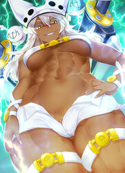 abs beltbra breasts dark-skinned_female dark_skin female female_pubic_hair fingernails floating_swords grin guilty_gear hand_on_hip hat highres lightning looking_at_viewer low-angle_view makumaxu muscular muscular_female navel no_bra no_panties open_fly orange_eyes platinum_blonde_hair pubic_hair pubic_hair_peek ramlethal_valentine sharp_teeth short_shorts shorts smile tan teeth toned underboob rating:Explicit score:151 user:bot