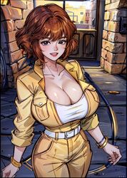 ai_generated april_o'neil belt big_breasts cleavage grin indoors inside jacket jumpsuit large_breasts orange_hair stable_diffusion tampopo teenage_mutant_ninja_turtles undershirt yellow_jumpsuit rating:Questionable score:48 user:Tampopo